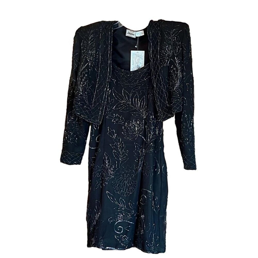 Shalini Black Embellished Beaded Silk Cocktail Sleeveless Dress & Jacket Medium